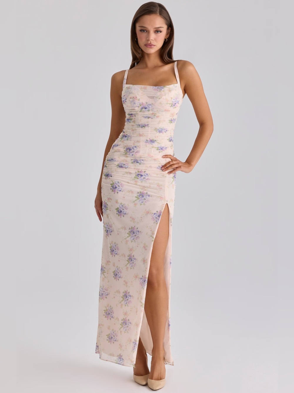 House of CB Lini Ivory Sweet Peony Print Maxi Bodycon Dress size S A-C $279
